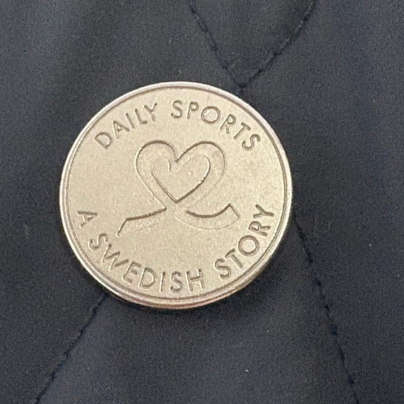 Daily Sports Navy Diamond/Heart Quilted Jacket with White Trim, Back Cinch Belt - Picture 7 of 16